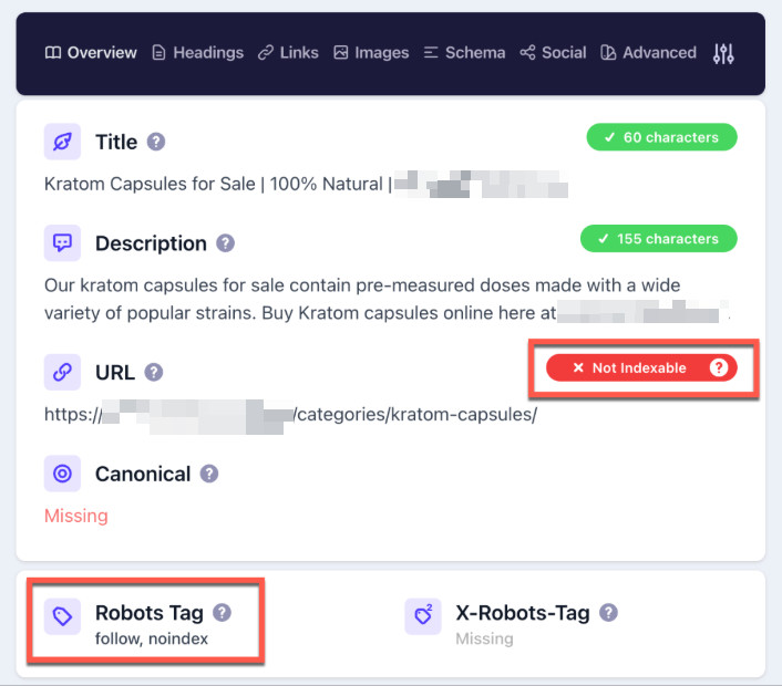 Category page marked Not indexable